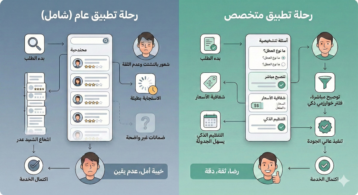 صورة مقارنة بين تطبيق شامل وتطبيق متخصص