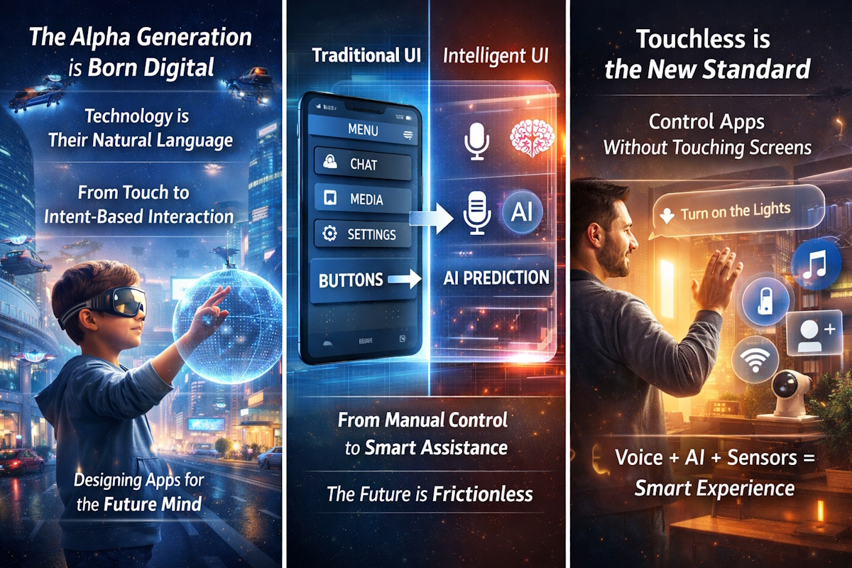 Alpha generation child interacting with holographic interface in a smart futuristic city representing touchless app interaction and AI driven user experience