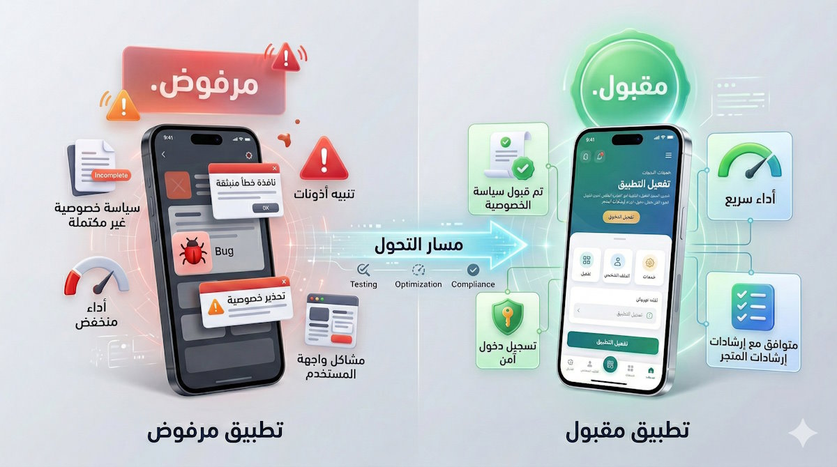 مقارنة توضيحية بين أسباب رفض تطبيقات الجوال في المتاجر وعوامل قبولها بعد التحسين