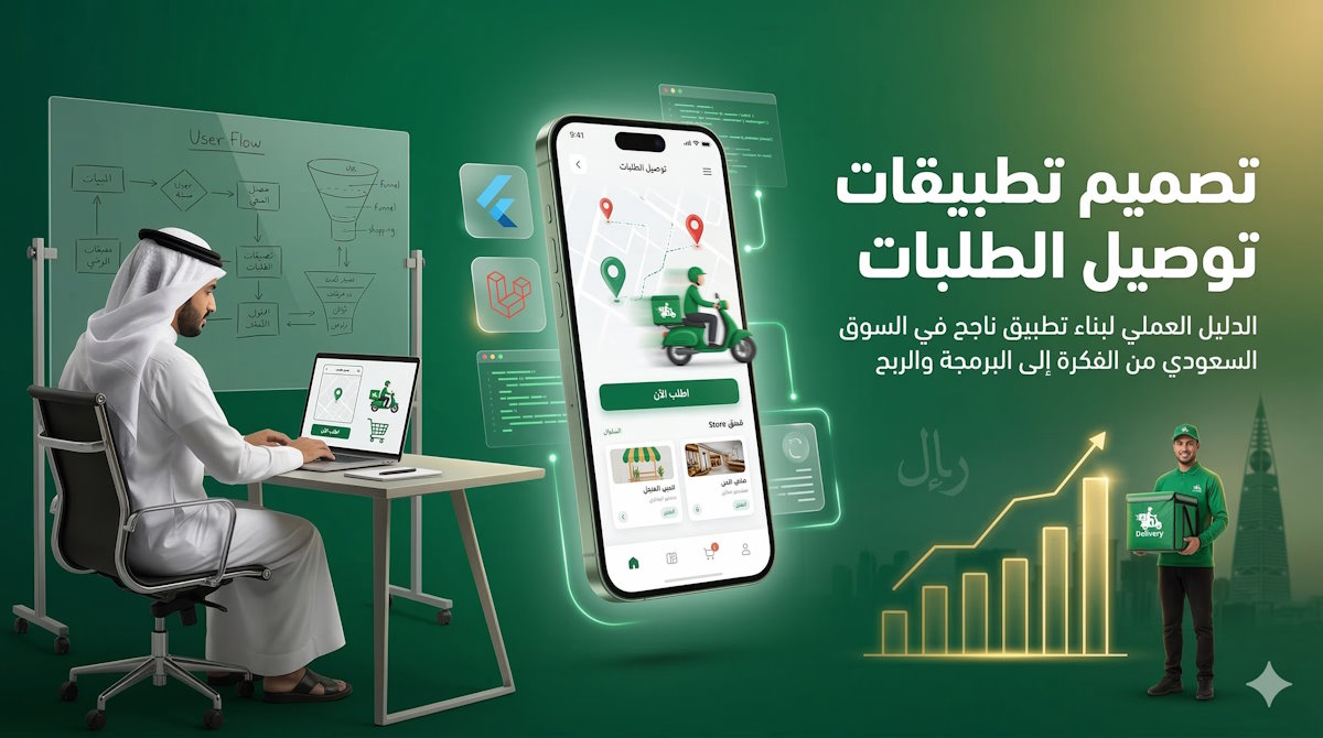 رائد أعمال سعودي يعمل على حاسوبه وبجواره هاتف يعرض واجهة تطبيق توصيل ناجح مع خريطة ومندوب، توجز الدليل العملي لبرمجة التطبيقات.