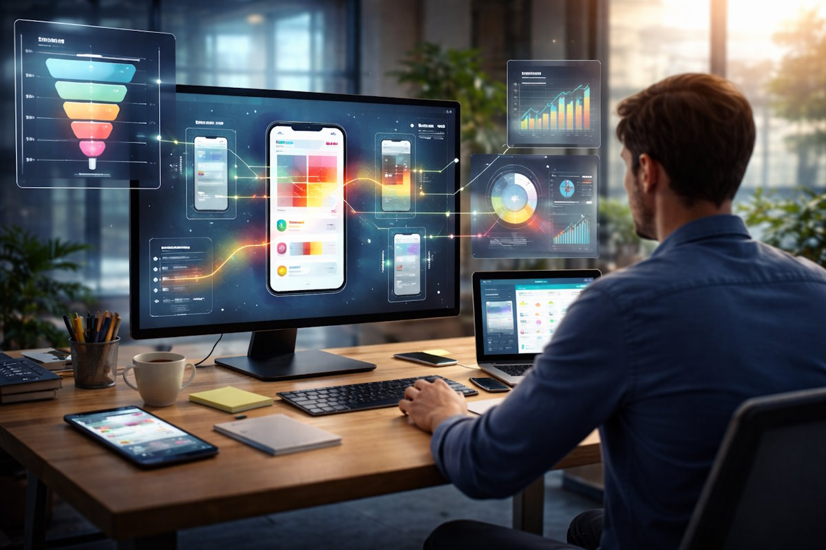 صورة فنية سينمائية تقنية (cinematic tech illustration) تُظهر مصمم تجربة مستخدم (UX Designer) جالسًا أمام مكتبه في مساحة عمل برمجية حديثة. يظهر المصمم من الخلف، جالسًا على كرسي مكتب، ووجهه غير مرئي، وينظر إلى شاشة كمبيوتر كبيرة تعرض واجهة تطبيق هاتف ذكي. حول شاشة الكمبيوتر، تطفو بلوحات تحليلية رقمية متقدمة (Analytics HUDs) كأنها في الهواء، بما في ذلك خريطة حرارية (Heatmap) مضيئة فوق واجهة التطبيق، ومخططات لمسارات تدفق المستخدم (User Flow Paths) بألوان نيون، ورسوم بيانية خطية وتحليلات القمع (Funnel Analysis). على المكتب أمامه، يوجد جهاز لوحي (Tablet) يعرض لوحة تحكم تحليلية مفصلة بأرقام ومقاييس، بالإضافة إلى هاتفين ذكيين يعرضان التطبيق. في الخلفية، خلف جدار زجاجي، تظهر مخططات رحلة المستخدم (User Journey Map) مع ملاحظات لاصقة بألوان متعددة وكلمات مفتاحية (مثل Onboarding، Home، Checkout، Purchase، Retention). يدخل ضوء الشمس الذهبي الدافئ من نافذة كبيرة تطل على مدينة وقت الغروب، مما يخلق تباينًا مع الضوء الأزرق البارد للشاشات والرسومات التحليلية. يجسد المشهد بيئة تصميم منتج رقمي تعتمد كليًا على البيانات والتحليلات السلوكية.