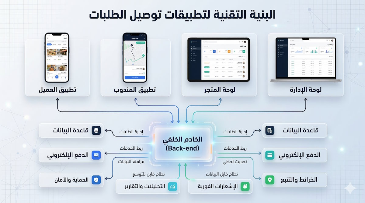 رسم توضيحي يشرح البنية التقنية لبرمجة تطبيقات توصيل الطلبات، ويوضح ارتباط الخادم الخلفي مع تطبيق العميل والمندوب ولوحات تحكم المتجر والإدارة.