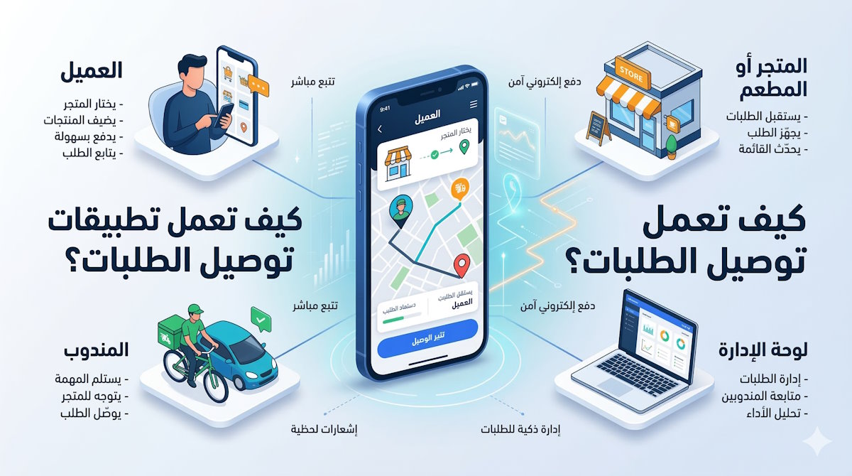 رسم إنفوجرافيك يوضح دورة حياة الطلب في تطبيقات التوصيل: من طلب العميل، قبول المتجر، استلام المندوب، وصولاً للإدارة والمتابعة اللحظية.