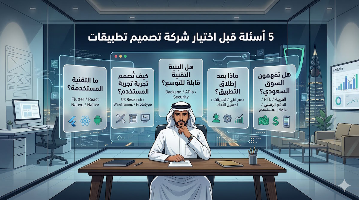 "رسم توضيحي رقمي لرجل أعمال سعودي يجلس في مكتب حديث ويتأمل شاشة بيانات افتراضية (هولوجرام) تعرض عنوان '5 أسئلة قبل اختيار شركة تصميم تطبيقات'. تظهر أمامه خمس بطاقات تقييم تسلط الضوء على المعايير التقنية: ما التقنية المستخدمة؟ (Flutter، React Native)، كيف تُصمم تجربة المستخدم؟، هل البنية التقنية قابلة للتوسع؟، ماذا بعد إطلاق التطبيق؟ (الدعم الفني والتحديثات)، وهل تفهمون السوق السعودي؟ (دعم اللغة العربية والدفع الرقمي). تظهر في الخلفية بيئة عمل احترافية وأفق مدينة عصرية."