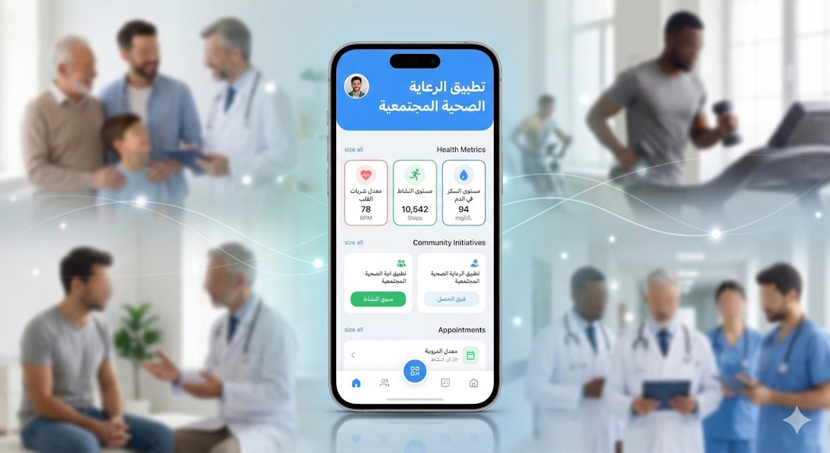 صورة توضيحية لواجهة تطبيق ذكي للرعاية الصحية والمبادرات المجتمعية معروضة على هاتف محمول، مع خلفية مموهة لرجال في سياقات طبية ورياضية.