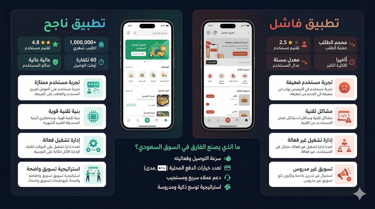 إنفوجرافيك يقارن بين تطبيق توصيل ناجح وتطبيق فاشل، موضحاً عوامل النجاح مثل تجربة المستخدم، البنية التقنية القوية، وطرق الدفع المحلية كـ (مدى) في السوق السعودي.