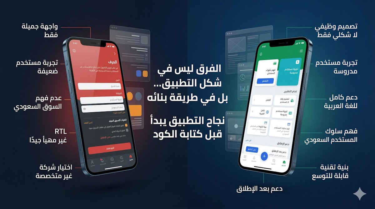 "تصميم إنفوجرافيك يقارن بين أسباب فشل ونجاح تطبيقات الجوال. يتوسط الصورة نص: 'الفرق ليس في شكل التطبيق... بل في طريقة بنائه. نجاح التطبيق يبدأ قبل كتابة الكود'. يعرض الجانب الأيسر هاتفاً يمثل تطبيقاً فاشلاً باللون الأحمر، تحيط به نصوص تشير إلى عيوبه مثل: واجهة جميلة فقط، تجربة مستخدم ضعيفة، عدم فهم السوق السعودي، ومشاكل في اتجاه اللغة العربية (RTL). بينما يعرض الجانب الأيمن هاتفاً يمثل تطبيقاً ناجحاً باللون الأخضر، تحيط به نصوص تبرز مميزاته مثل: تصميم وظيفي، تجربة مستخدم مدروسة، دعم كامل للغة العربية، بنية تقنية قابلة للتوسع، ودعم ما بعد الإطلاق."