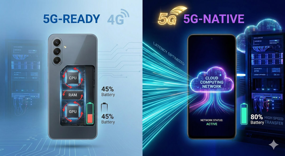 صورة مقارنة مقسمة عمودياً إلى نصفين توضح الفرق بين معالجة البيانات التقليدية والمعالجة السحابية عبر تقنية 5G