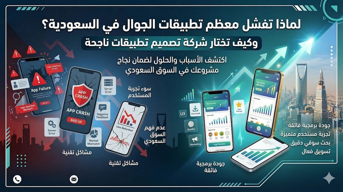 "بنر تسويقي رقمي باللغة العربية بعنوان 'لماذا تفشل معظم تطبيقات الجوال في السعودية؟' و 'وكيف تختار شركة تصميم تطبيقات ناجحة'. يتبع ذلك نص يدعو لاكتشاف الأسباب والحلول لضمان نجاح المشروع في السوق السعودي.