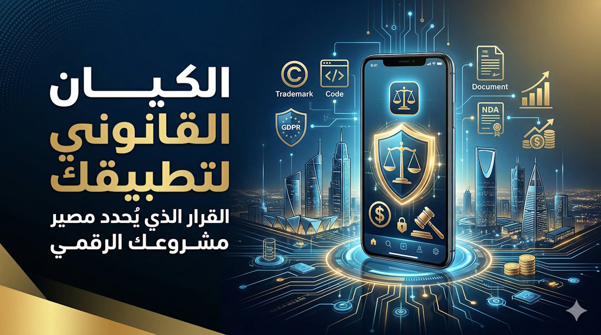 "تصميم فني يدمج بين التقنية والقانون، يظهر في منتصفه هاتف ذكي يعرض درعاً ذهبياً بداخله ميزان العدالة. يحيط بالهاتف أيقونات قانونية وتقنية مضيئة تشمل حقوق النشر، العلامة التجارية، حماية البيانات (GDPR)، وعقود عدم الإفصاح (NDA). على يسار الصورة نص بارز بعنوان 'الكيان القانوني لتطبيقك: القرار الذي يُحدد مصير مشروعك الرقمي' بخط عريض، وفي الخلفية تظهر مباني لمدينة ذكية حديثة."