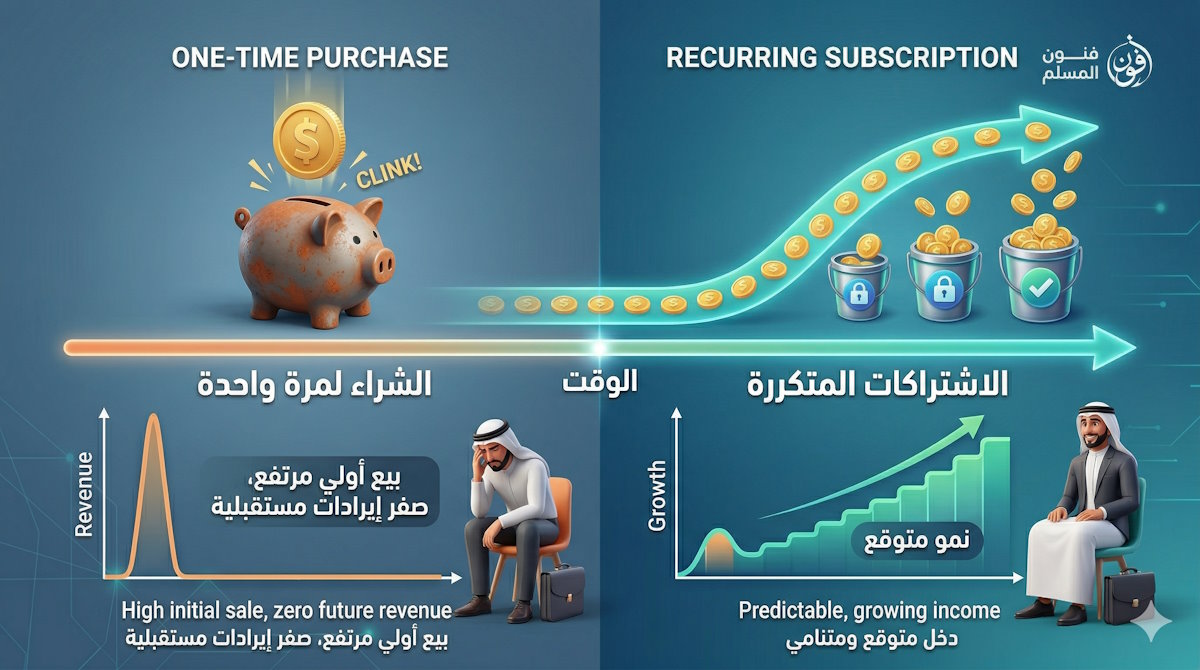 "إنفوجرافيك من إنتاج شركة فنون المسلم يوضح الفرق بين نموذج الشراء لمرة واحدة الذي يجلب إيرادات مؤقتة، ونموذج الاشتراكات المتكررة الذي يوفر دخلاً متوقعاً ومتنامياً بمرور الوقت، مع رسوم توضيحية لأسهم الصعود المالي."