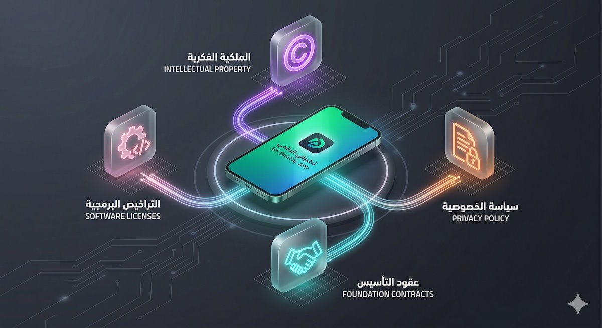 "رسم توضيحي (إنفوجرافيك) يعرض المكونات الأربعة للكيان القانوني للتطبيقات. يقع في المنتصف هاتف ذكي يحمل اسم 'تطبيقي الرقمي'، وتتفرع منه خطوط شبكية مضيئة تتصل بأربع أيقونات زجاجية محيطة به: أيقونة 'الملكية الفكرية' باللون البنفسجي في الأعلى، 'سياسة الخصوصية' باللون البرتقالي على اليمين، 'عقود التأسيس' باللون الأزرق في الأسفل، و'التراخيص البرمجية' باللون الوردي على اليسار، فوق خلفية رمادية داكنة بطابع تقني."