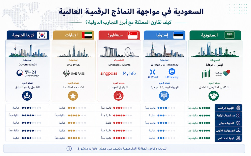 تصميم انفوجرافيك فيه مقارنة بين السعودية ودول اخرى في مجال النماذج الرقمية العالمية